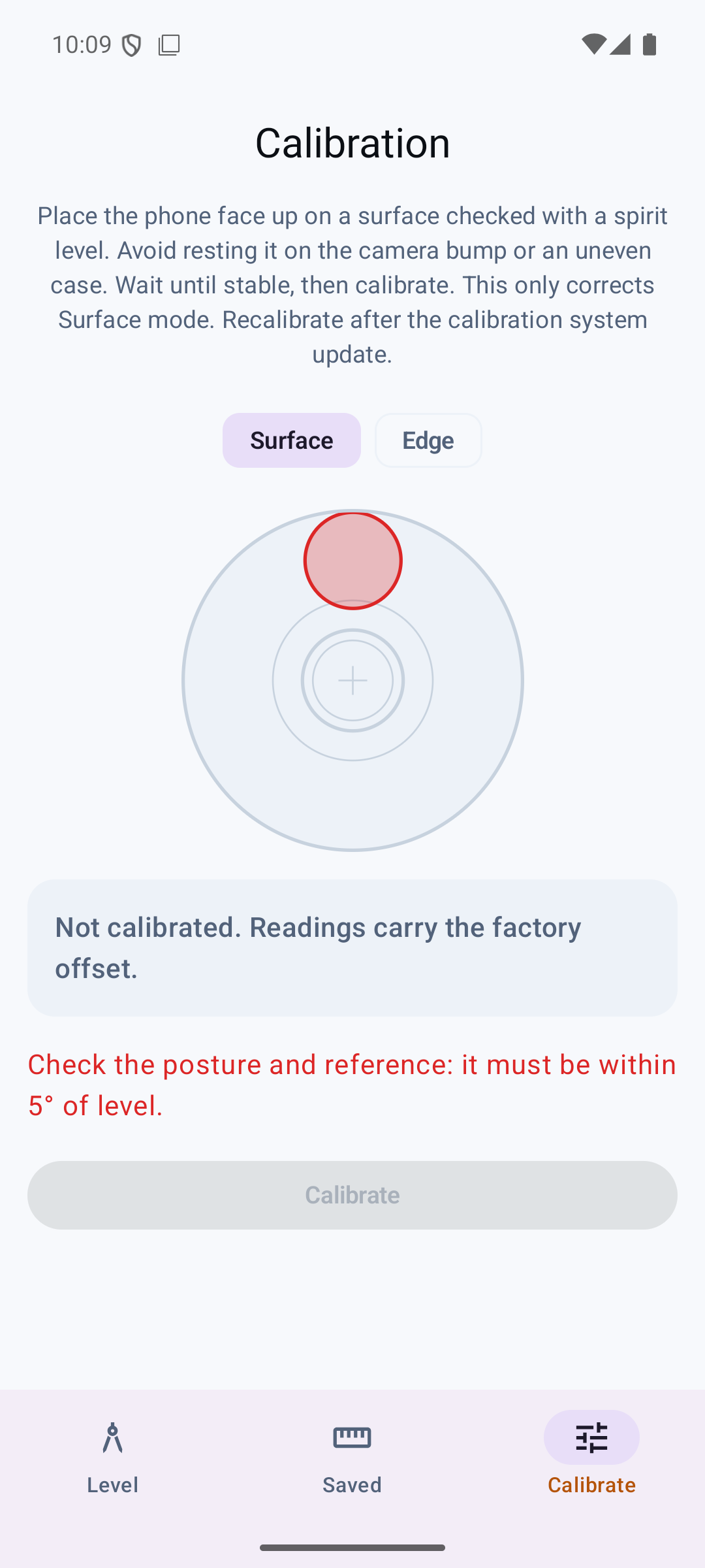 Pantalla de calibración de MyLevel sobre una superficie de referencia